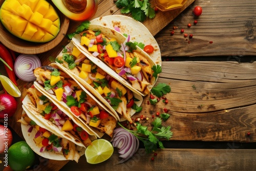Taco gathering Grilled chicken with salsa mango cilantro and red onion on cutting board Wood table background top view photo