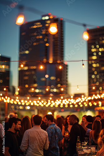 A lively rooftop gathering with individuals dancing, socializing, and savoring the urban skyline at night
