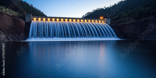 Mountain river hosting a hydroelectric dam for renewable energy production. photo