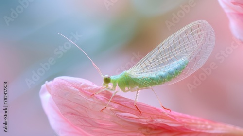 Macro shot of a intricate lacewing insect perched on a delicate flower petal, its translucent wings a marvel of natural design.