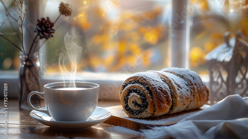 Cozy Autumn Morning with Fresh Coffee and Poppy Seed Roll, Warm Home Atmosphere