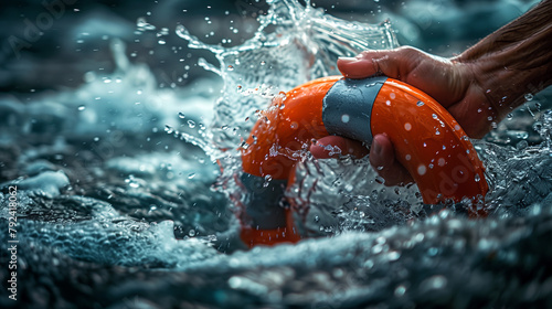  Lifesaving in the Depths: Hand Grasping Orange Lifebuoy in Turbulent Waters