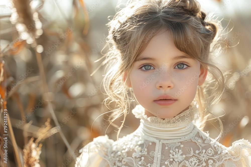 A child modeling a mini couture dress, the fabrics texture and design highlighted in a sunlit setting A child modeling a mini couture dress, the fabrics texture and design highlighted in a sunlit setting