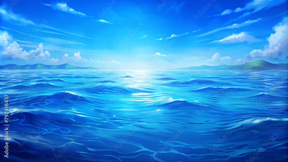 Blue water waves under a clear sky, with sun rays piercing through the clouds, creating a serene seascape