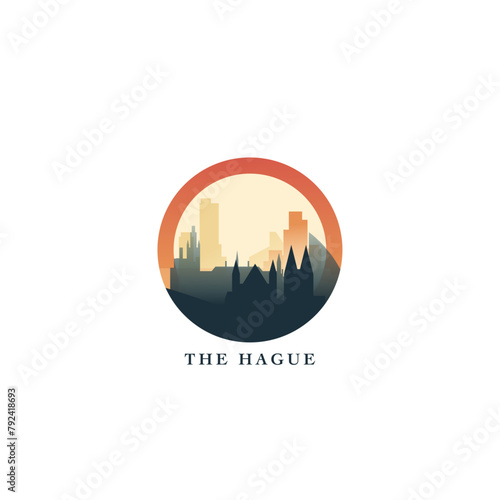 The Hague cityscape, gradient vector badge, flat skyline logo, icon. Netherlands, Holland city round emblem idea with landmarks and building silhouettes. Isolated graphic