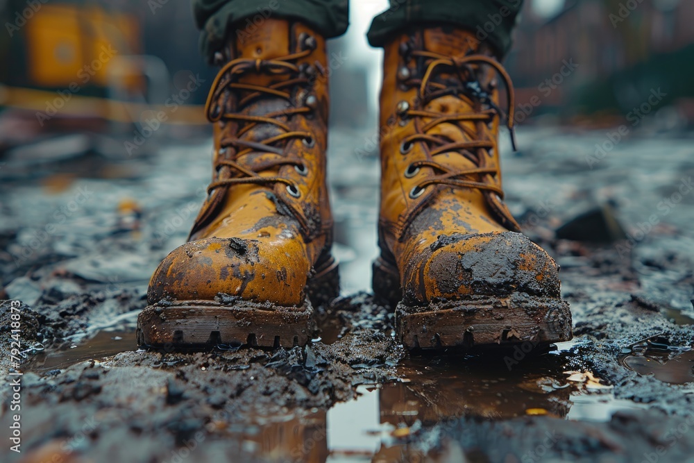 A close-up of artfully distressed leather boots, staples in the streetwear wardrobe A close-up of artfully distressed leather boots, staples in the streetwear wardrobe