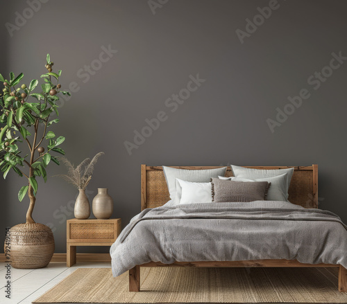 Cozy bedroom interiors in light grey color with textured elements. Interior design composition.