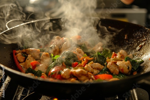 Thai cuisine Chicken stir fry Pad Kra Pao Gai in progress