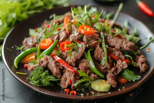 Thai grilled beef salad with a healthy menu of green vegetables tomato pepper garlic and spices for lunch or dinner