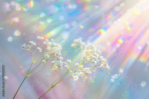 The white Baby s Breath in sunlight reflects rainbow light perfect for phone background bringing daily warmth