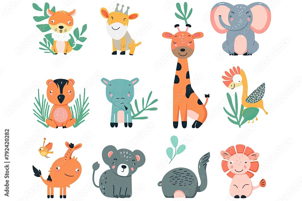 A set of cute cartoon animals. Vector flat images of animals for postcards A set of cute cartoon animals. Vector flat images of animals for postcards