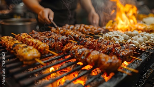 The Lively Street Food Scene: Sizzling Grills, Tantalizing Aromas, and a Bustling Market. Concept Street Food, Grilling, Aromas, Market, Food Scene