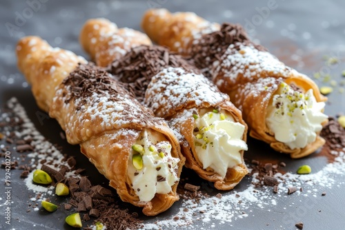 Three cannoli pastries filled with ricotta cream pistachio and hazelnut grain and chocolate flakes