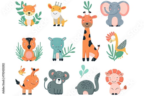 A set of cute cartoon animals. Vector flat images of animals for postcards