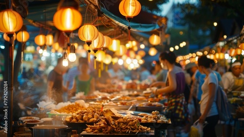 Defocused Background Image 3 The soft glow of lanterns illuminates a maze of food vendors showcasing the endless possibilities and endless trade of global cuisine bringing people and .