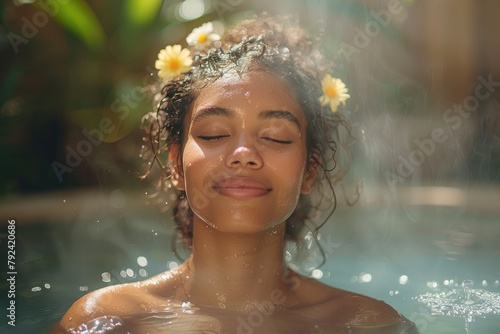 A person enjoying a steamy bath with essential oils, focusing on relaxation and skin hydration photo