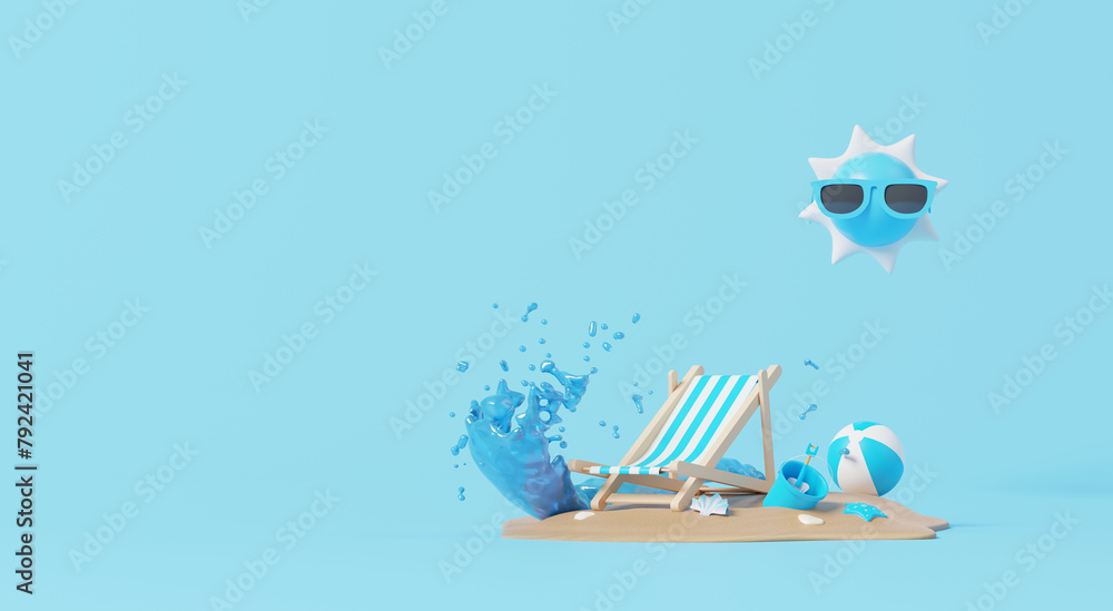 Fototapeta premium 3D render, minimal Travel Summer elements in holiday with empty space background, cosmetic scene for mock up, beach swim elements decoration, Holiday vacation concept.