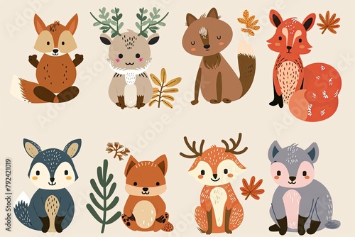 A set of cute cartoon animals. Vector flat images of animals for postcards