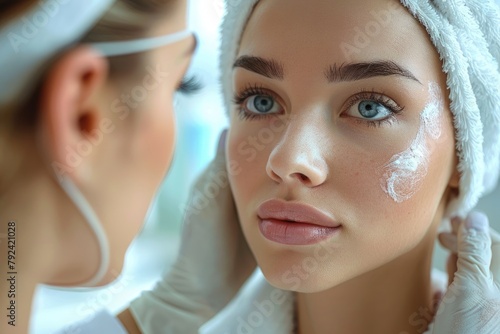 A skincare consultation, with a professional analyzing the skin and recommending products photo