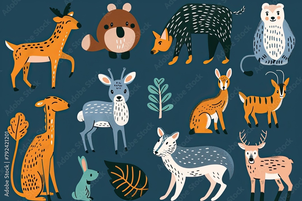 A set of cute cartoon animals. Vector flat images of animals for postcards A set of cute cartoon animals. Vector flat images of animals for postcards