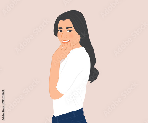 A young woman with long hair is smiling happily with a cheerful mood. Vector illustration.