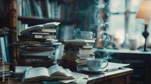 A dreamy defocused background of a writers sanctuary where the only distractions are the piles of books waiting to be devoured and the aroma of fresh coffee brewing in the background. . photo