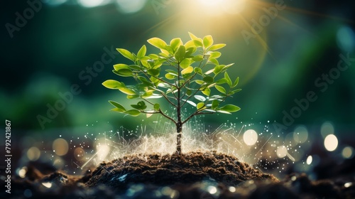 A small plant growing in the dirt with water droplets around it. The plant is green and healthy. The background is blurry and green. There is a bright light in the top right corner. photo