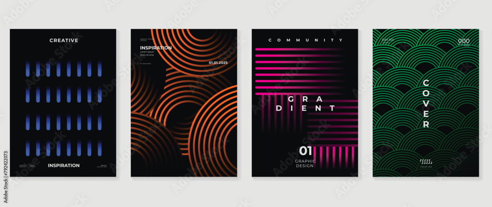 Obraz premium Abstract gradient background vector set. Minimalist style cover template with vibrant perspective 3d geometric prism shapes collection. Ideal design for social media, poster, cover, banner, flyer.