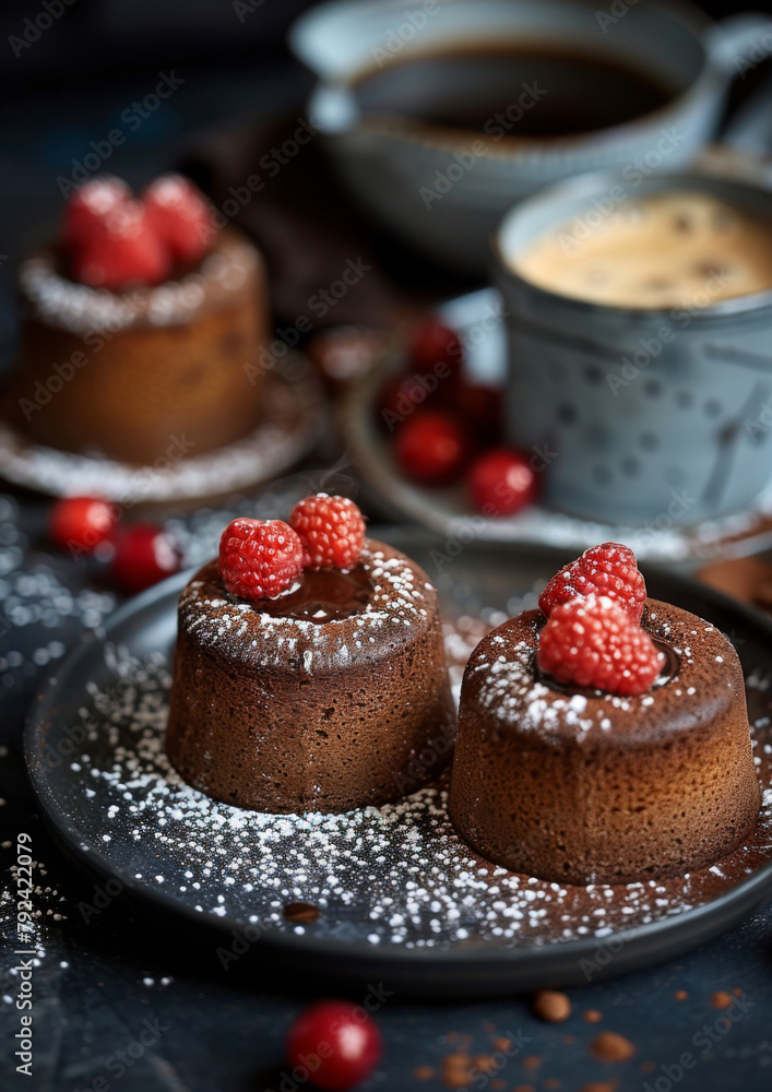 Delicious lava cake on dark plate next to a cup of fresh coffee. Topped with fresh berries. On bistro countertop. Close-up. Delicious lava cake on dark plate next to a cup of fresh coffee. Topped with fresh berries. On bistro countertop. Close-up.