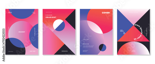 Abstract gradient background vector set. Minimalist style cover template with vibrant perspective geometric prism shapes collection. Ideal design for social media, poster, cover, banner, flyer.