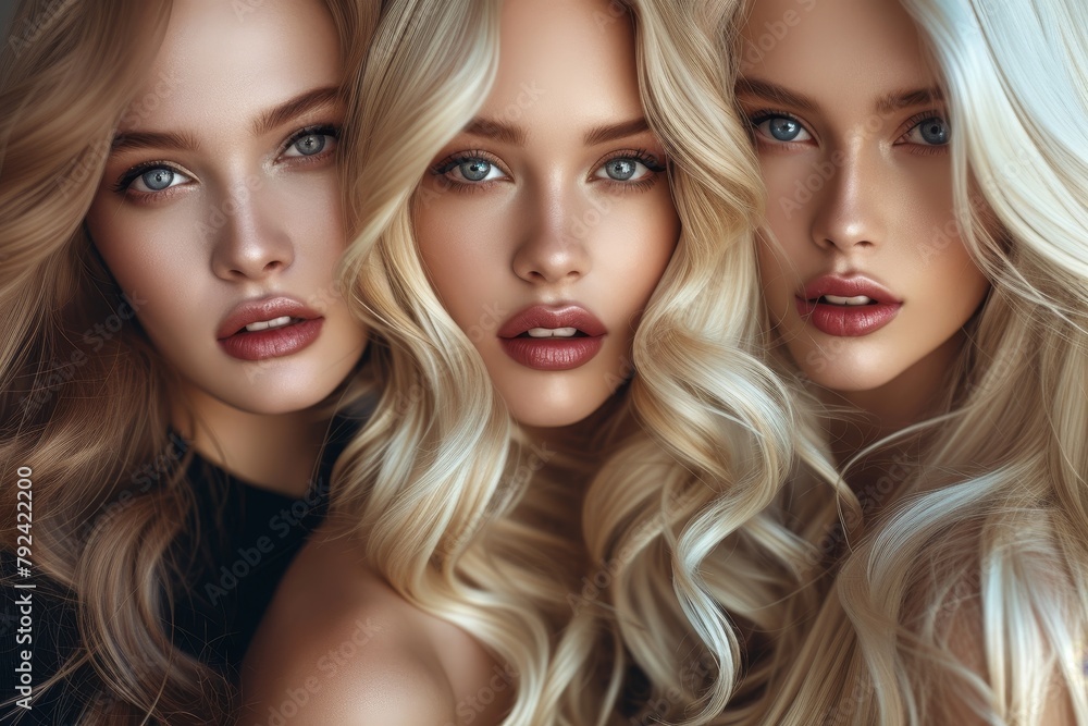 Three stunning females with platinum blonde hair chic salon curled hairstyles Fashion conscious ladies with cosmetics and makeup Three stunning females with platinum blonde hair chic salon curled hairstyles Fashion conscious ladies with cosmetics and makeup