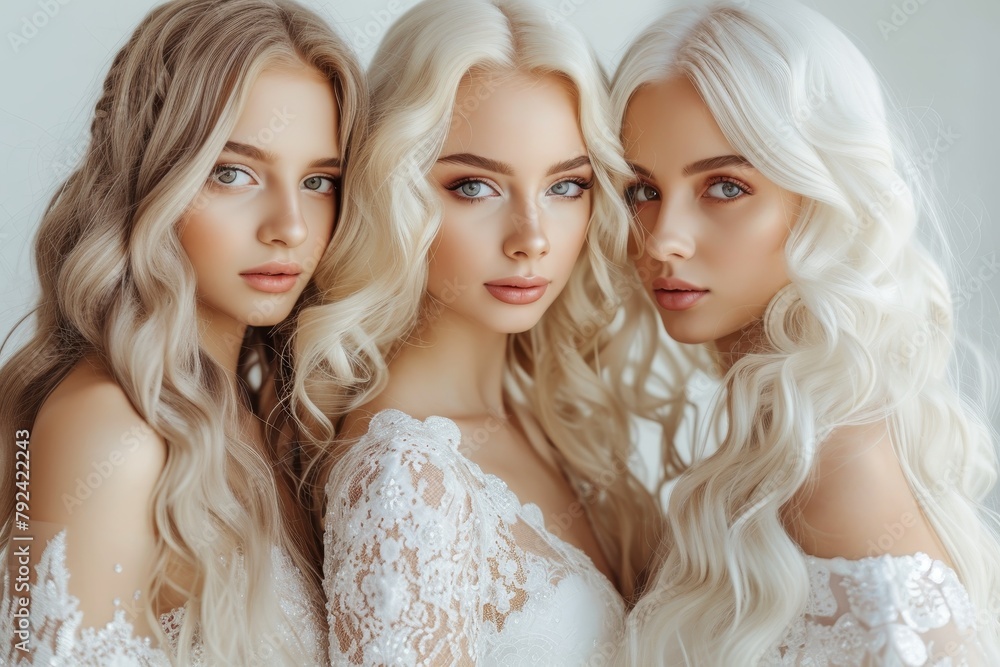 Three stunning brides in white wedding gowns with unique ultra blond hair colors styled in fashionable curly hairstyles at a salon using cosmetics and makeup