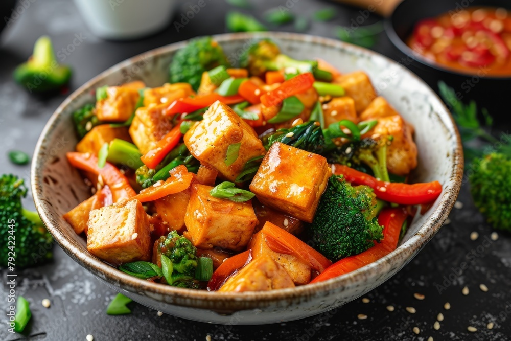 Tofu and veggies cooked with satay sauce in a bowl