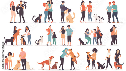 Set of happy pet owners with dogs and cats isolated