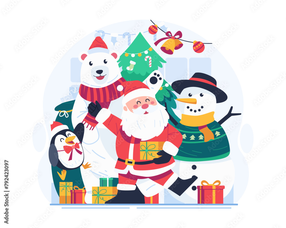 Merry Christmas Illustration. Santa Claus and His Adorable Companions. A Cute Snowman, Polar Bear, and Penguin With a Christmas Tree and Gifts
