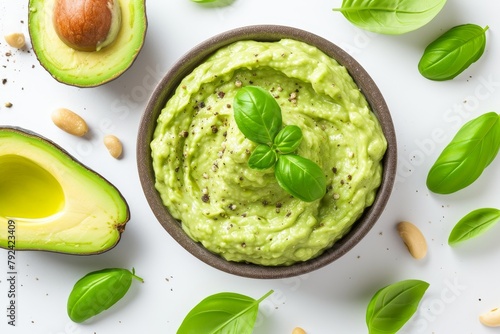 Top view of a delicious avocado sauce with basil on a white background