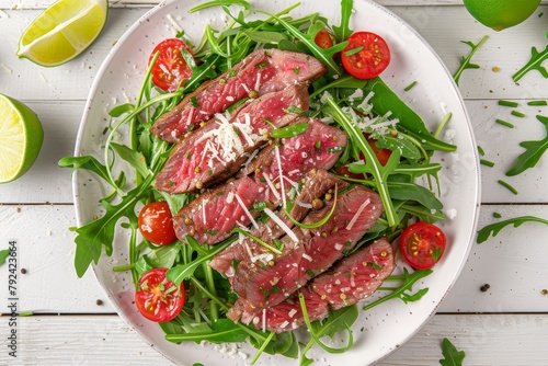 Top view of a plate with beef steak salad arugula cherry tomatoes green beans parmesan cheese lime wedges on a white table