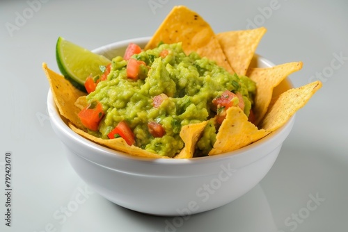 Top view of a slate board with guacamole and nachos in a bowl