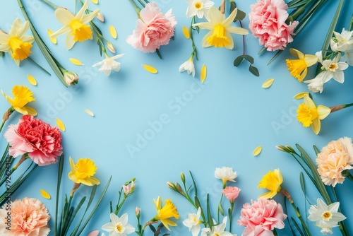 Top view of daffodils and carnations on colored background with copy space © LimeSky