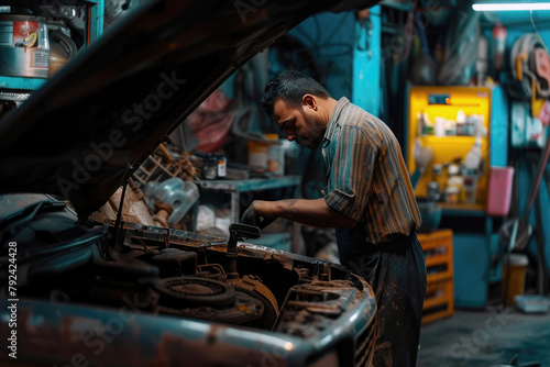 Car mechanic working on and fixing a car engine in the garage workshop.