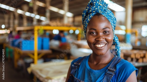 Closeup of a worker in a Fair Trade factory smiling and wearing protective gear highlighting the safe working conditions and fair wages provided. .