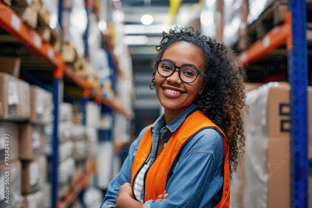 Confident African American female worker in the warehouse. This is a transportation and distribution warehouse. Industrial worker and industry concept. Confident African American female worker in the warehouse. This is a transportation and distribution warehouse. Industrial worker and industry concept.