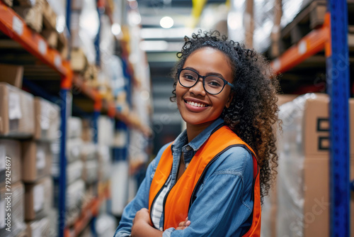 Confident African American female worker in the warehouse. This is a transportation and distribution warehouse. Industrial worker and industry concept. © Luxetify