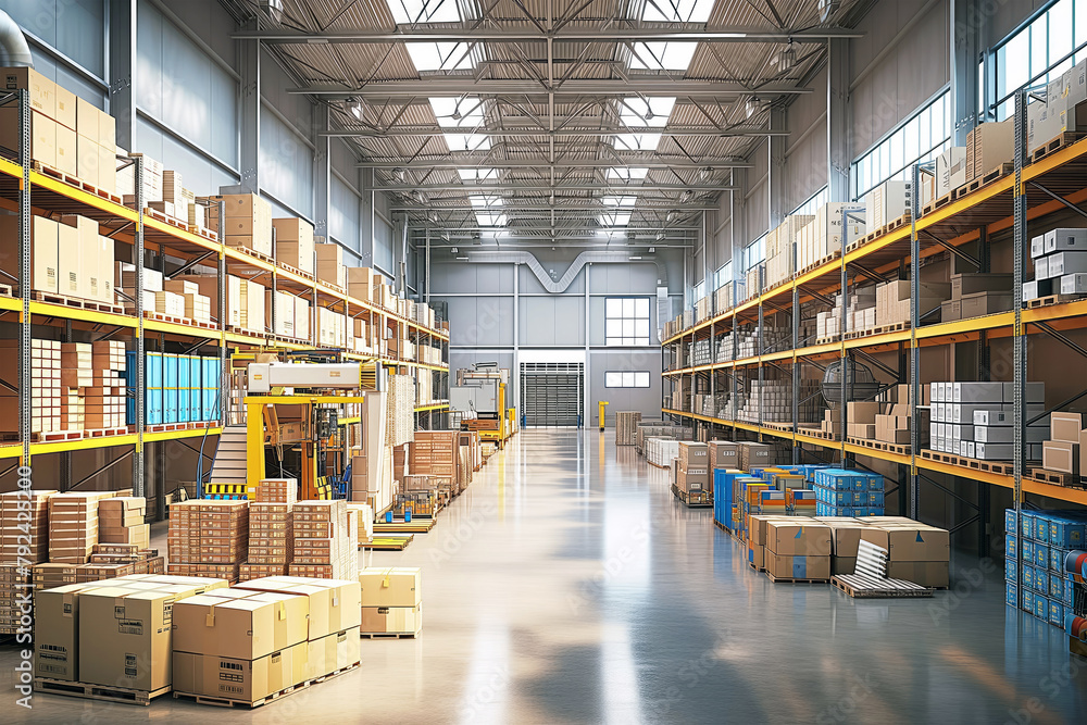 Large warehouse interior with shelves and boxes. Sharp 3D rendering image. Large warehouse interior with shelves and boxes. Sharp 3D rendering image.