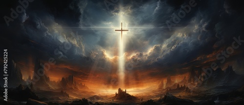 A dark and stormy sky with a large glowing cross in the distance.