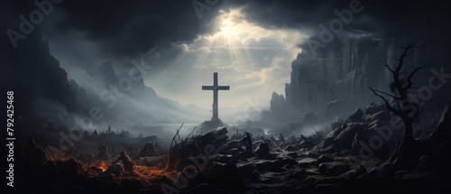 A dark and stormy night. A single cross stands on a hill, silhouetted against the sky.