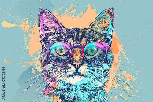 Cartoon Cat cool with Eye glasses. Handrawn colorful illustration Animal graphics