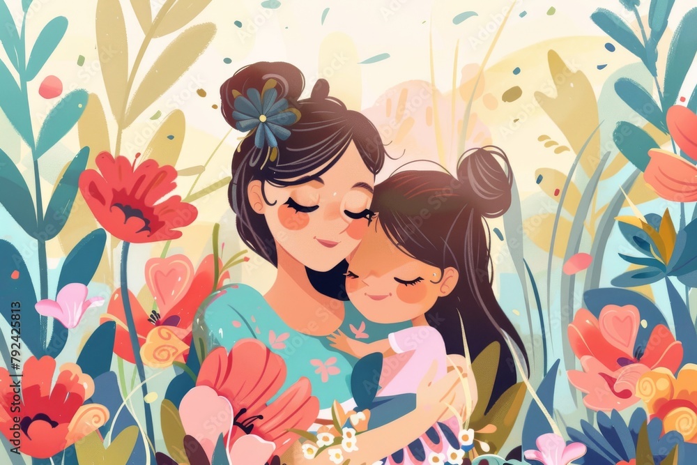 Woman Holding Child in Field of Flowers Woman Holding Child in Field of Flowers