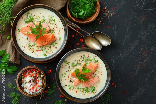 Top view of Norwegian cream and salmon soup on a dark stone background