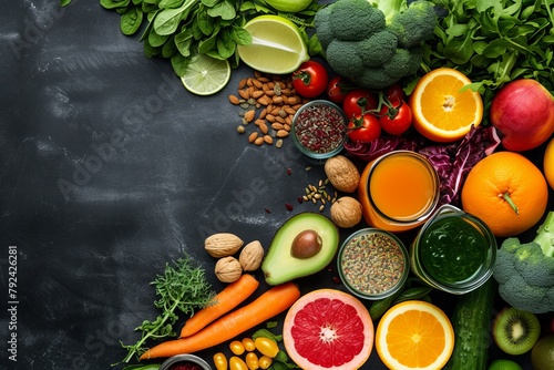 Top view of organic fruits vegetables nuts and seeds used for blending smoothie or juice on a black chalkboard with copy space Emphasizes vegan detox and clea photo